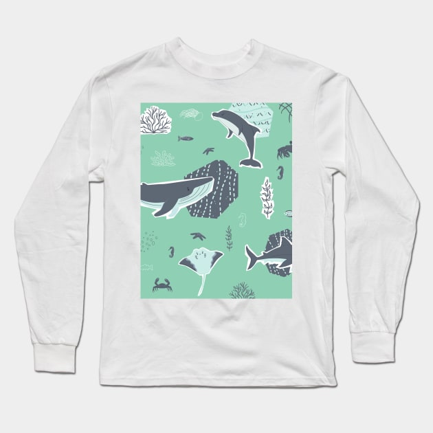 Underwater whale, stingray, dolphin and shark Long Sleeve T-Shirt by essskina
